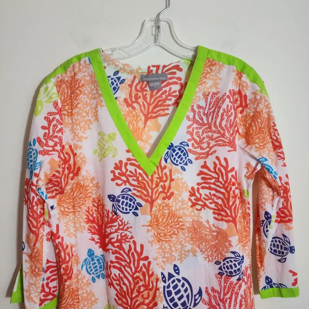 Peppermint bay colorful sea turtle coral print 3/4 sleeve swim coverup woman's S